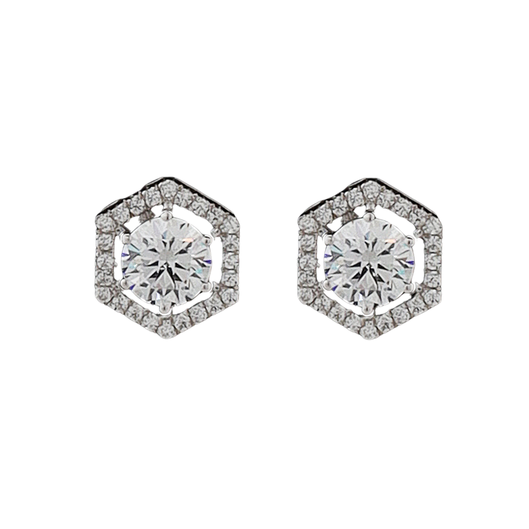 Silver Delicate Solitaire with Octagon Shape Zircons Studs Earrings