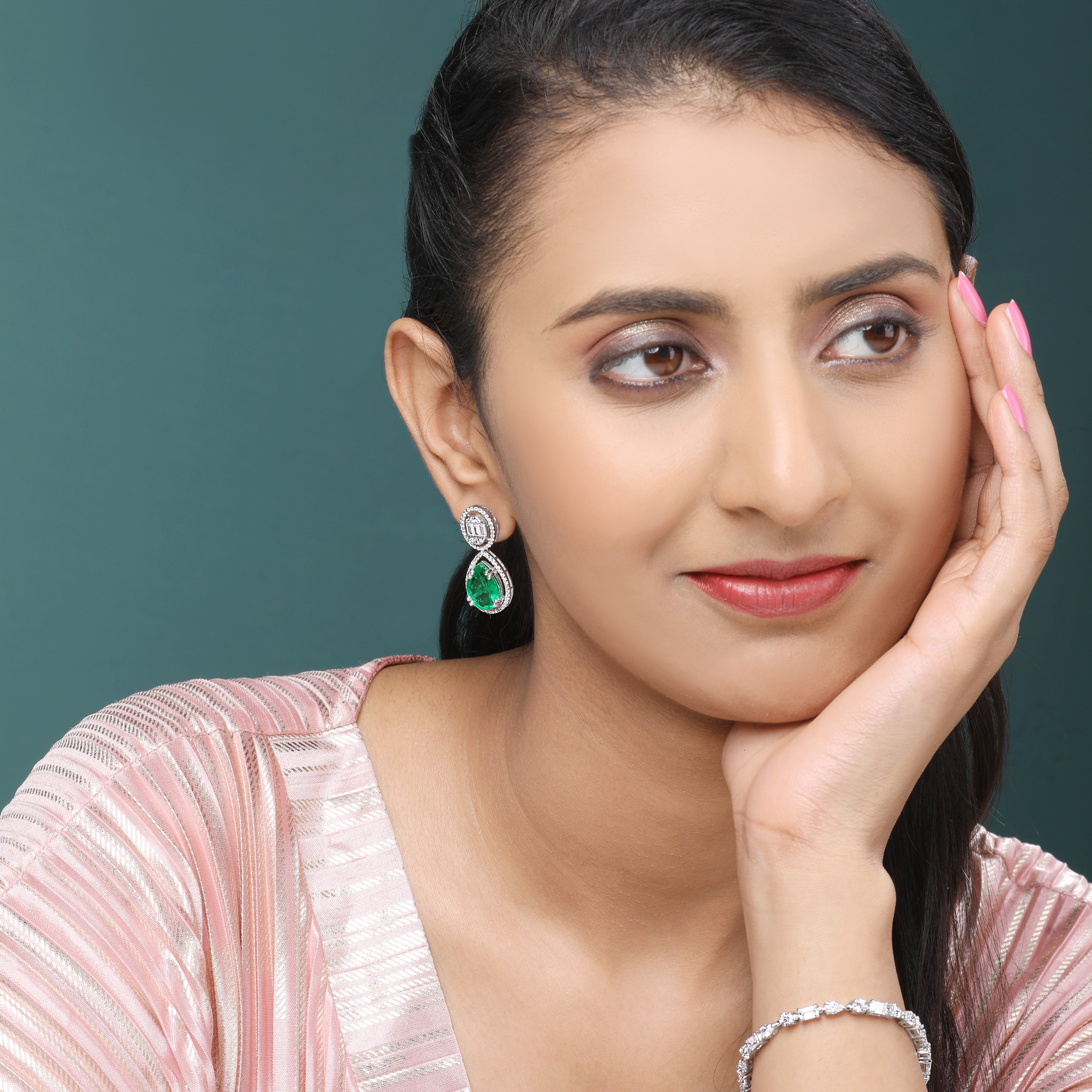 Silver Oval with Green Emerald Earrings