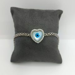 Silver Heart Evil Eye and Zircon Bracelet