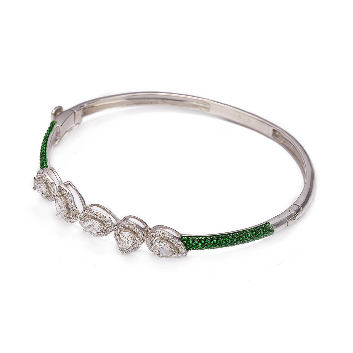 Silver Green Emerald and Pear Shaped Zircon with Green Ceramic Stiff Bracelet