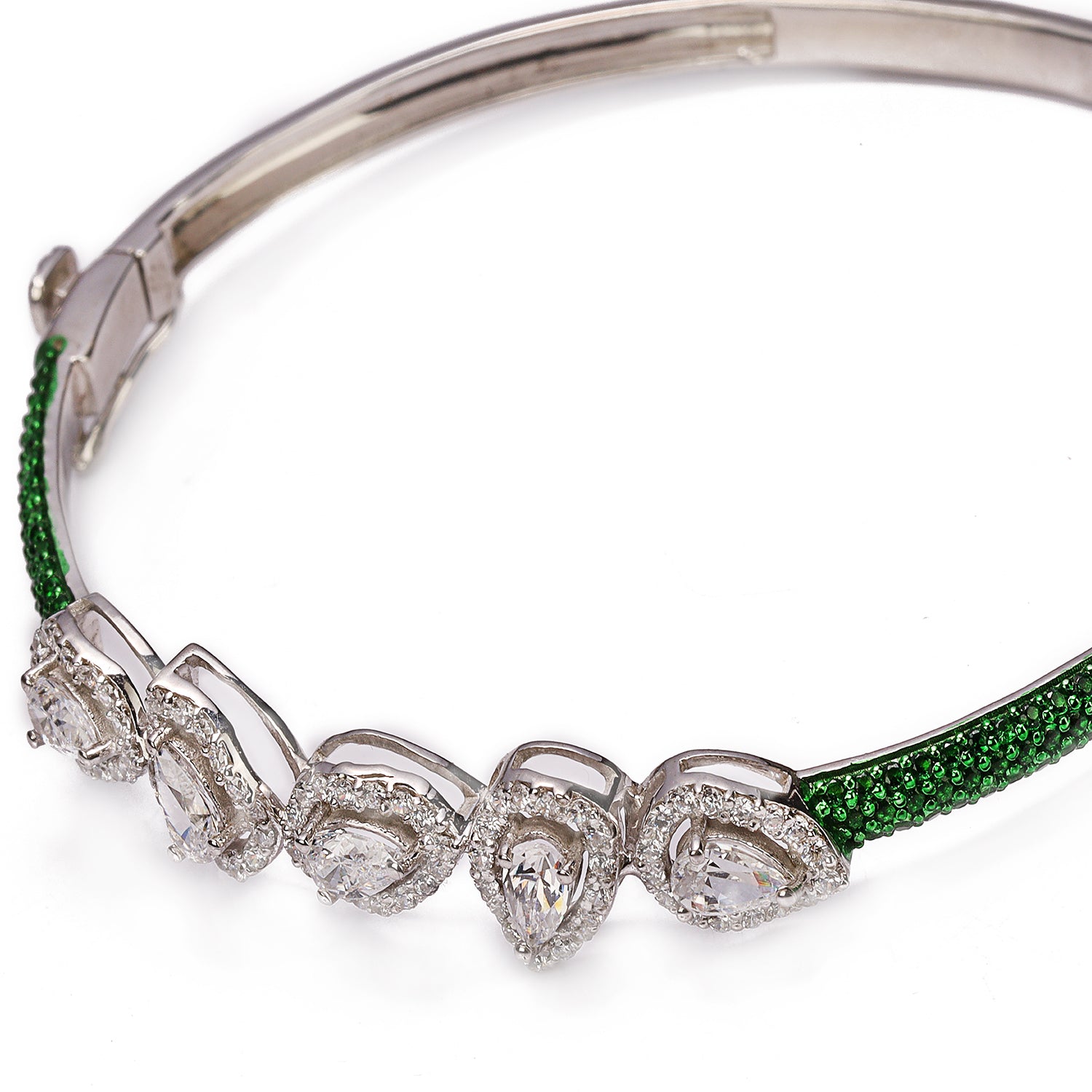 Silver Green Emerald and Pear Shaped Zircon with Green Ceramic Stiff Bracelet