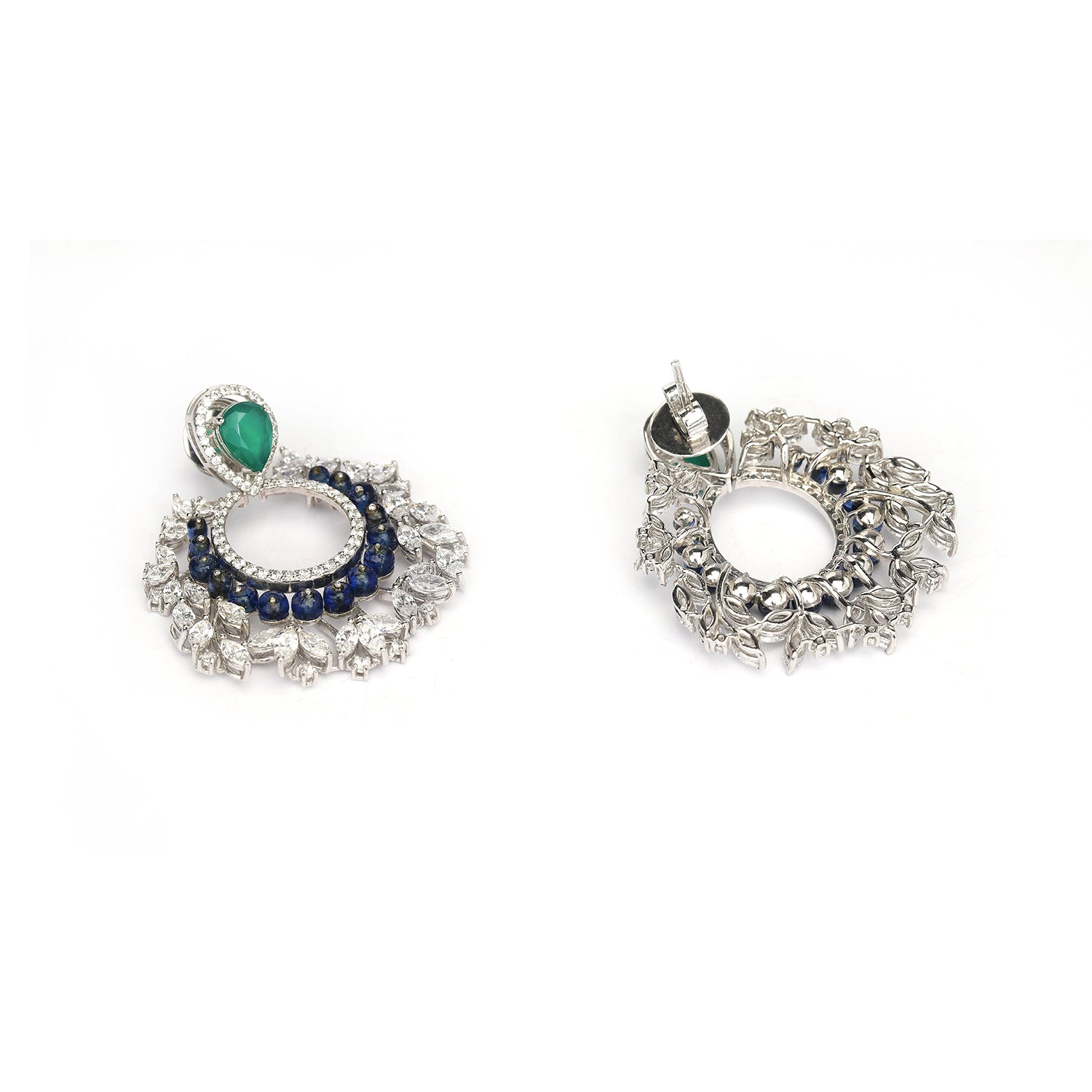 Silver Royal Green Emerald and Blue Beads and Zircons  Chandbali Earrings