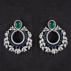 Silver Royal Green Emerald and Blue Beads and Zircons  Chandbali Earrings