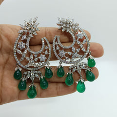 Silver Royal Green Drops with Zircons Half moon Chandbali Earrings