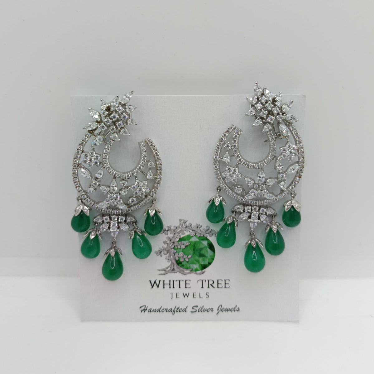 Silver Royal Green Drops with Zircons Half moon Chandbali Earrings