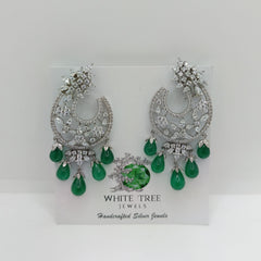 Silver Royal Green Drops with Zircons Half moon Chandbali Earrings