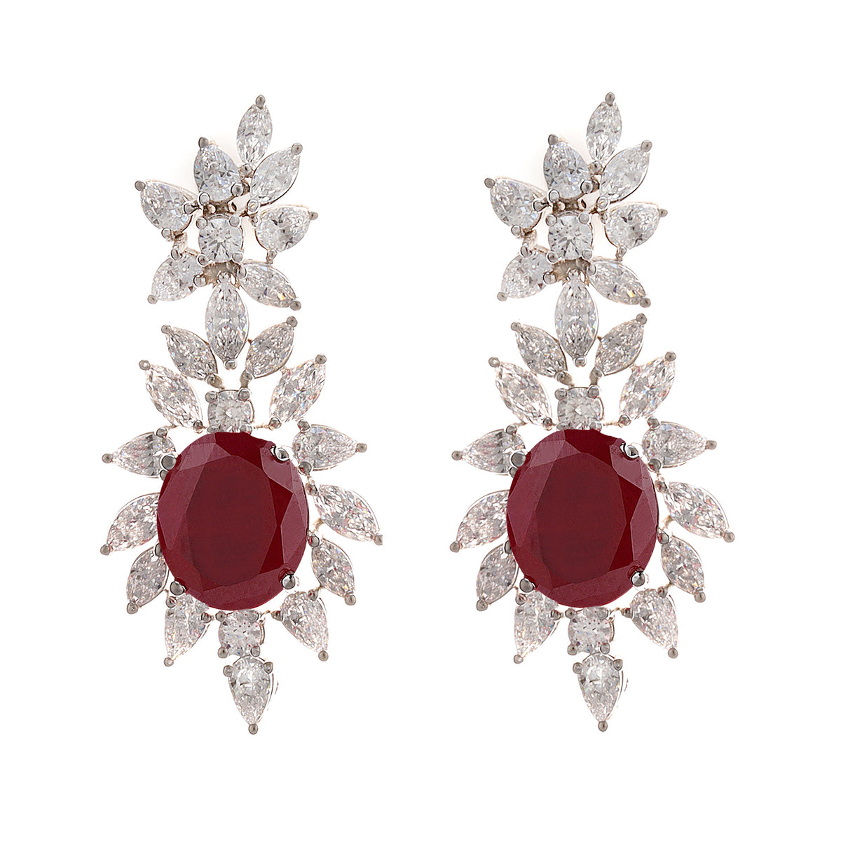 Silver Everlasting Oval Ruby with Pear and Marquise Zircons Long Earrings