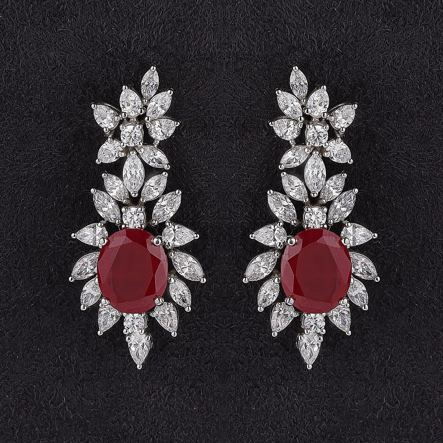 Silver Everlasting Oval Ruby with Pear and Marquise Zircons Long Earrings