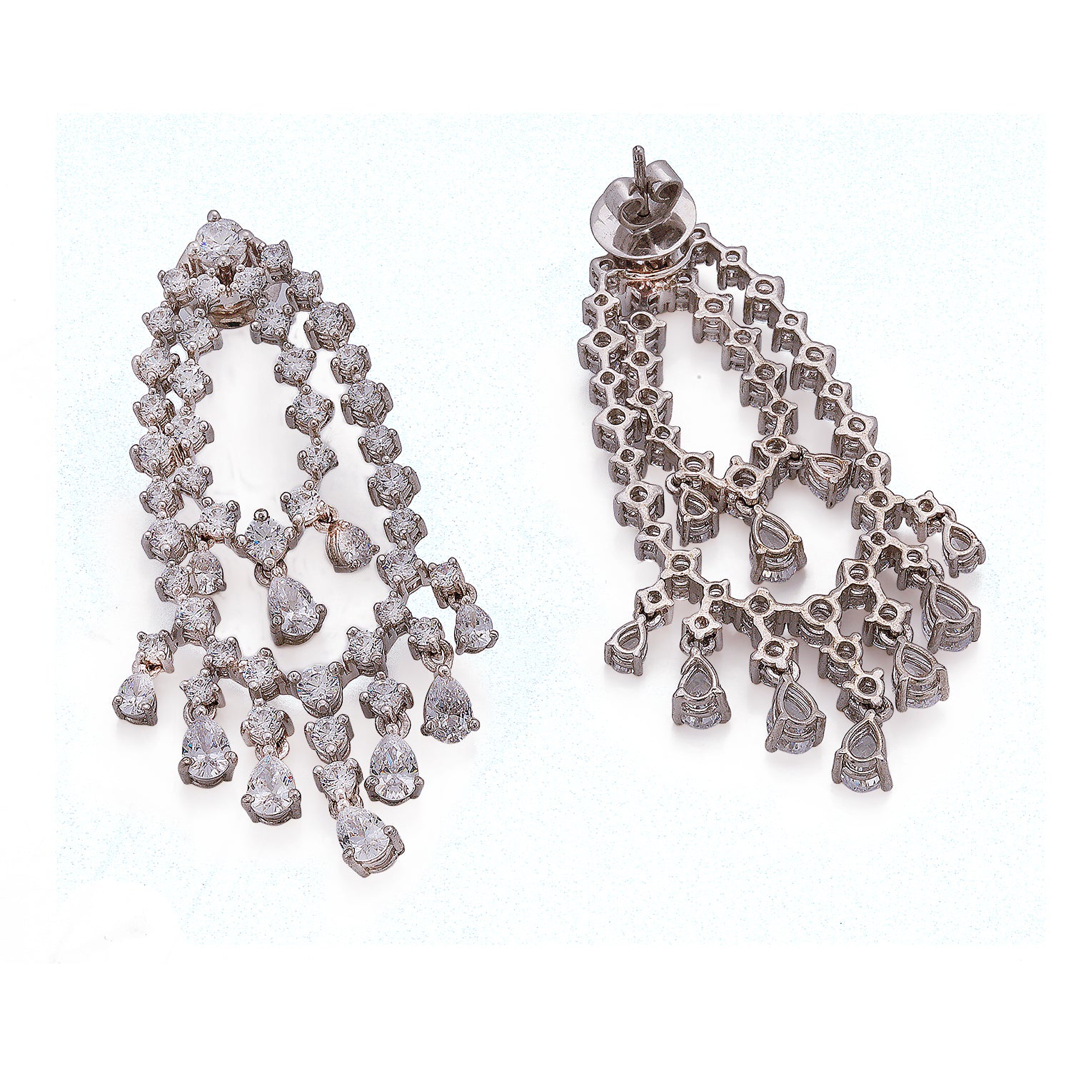 Silver White Zircons Chandelier Earrings