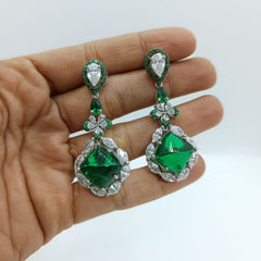 Silver Alluring Green Cushion with Pear and Marquise Zircons and Ceramic Quote Long Earrings