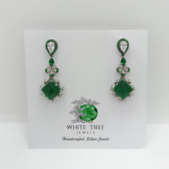 Silver Alluring Green Cushion with Pear and Marquise Zircons and Ceramic Quote Long Earrings