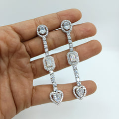 Silver Oval Rectangle and Heart Zircons Long Earrings