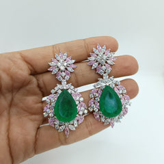 Silver Pink Sapphire with Green Emerald Zircon Earrings