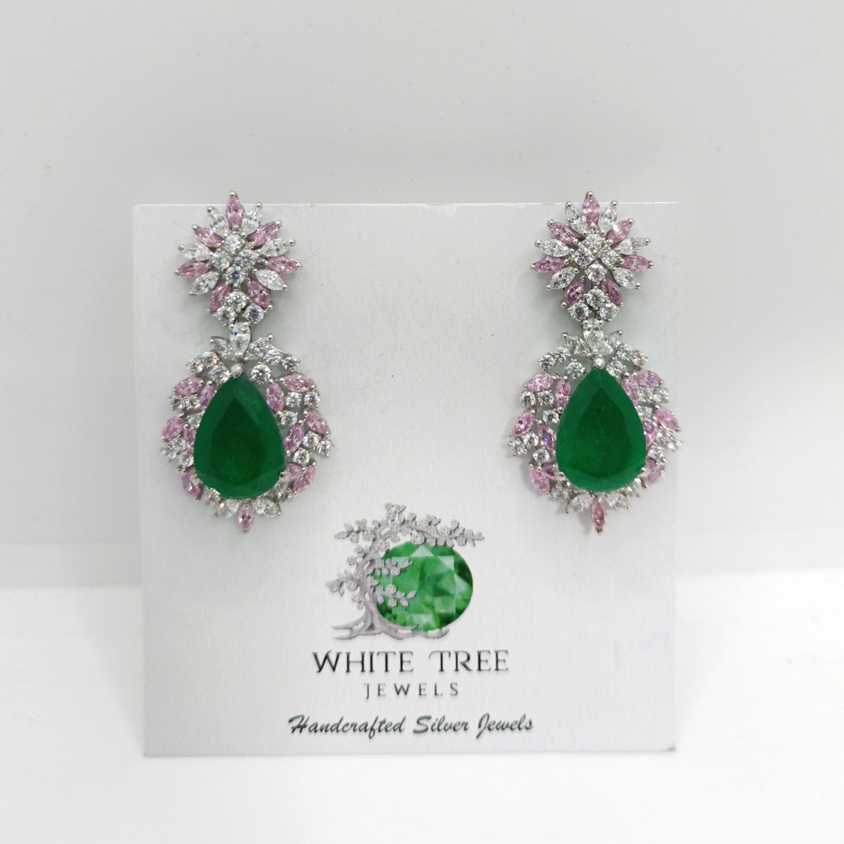 Silver Pink Sapphire with Green Emerald Zircon Earrings