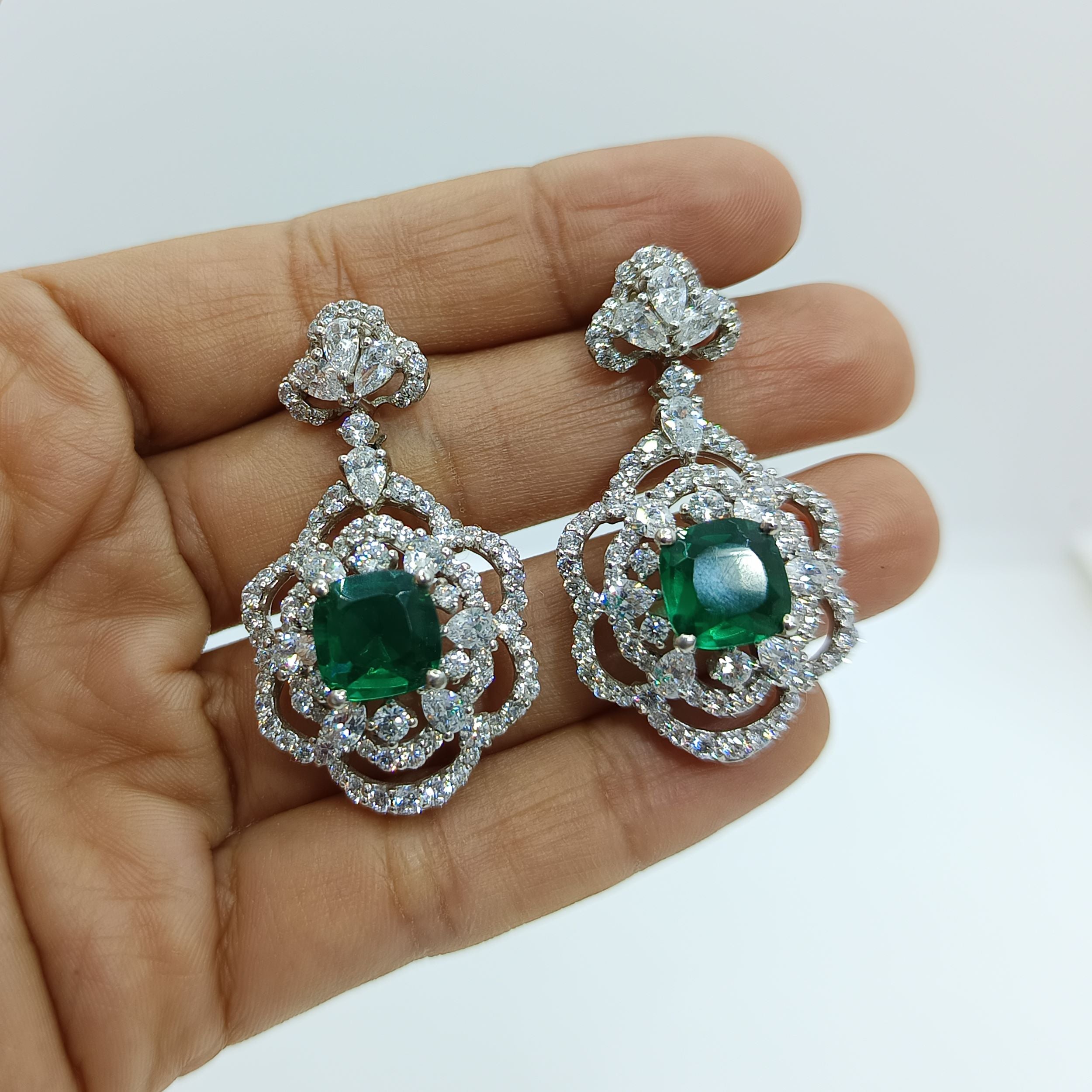 Silver Evergreen Emerald and  Zircons Earrings