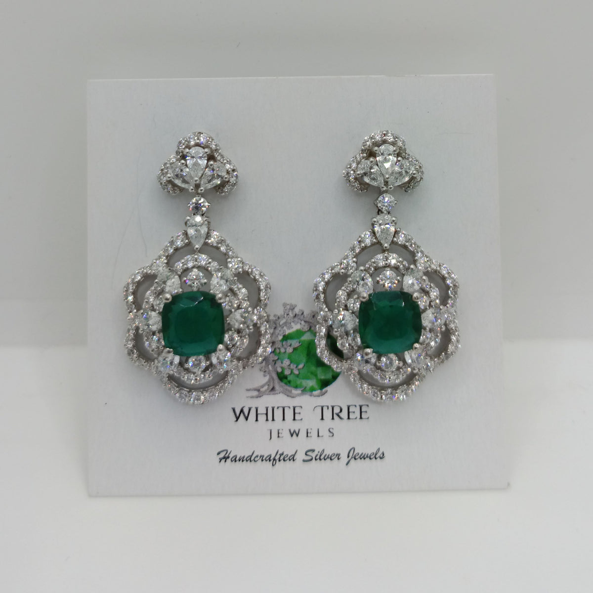 Silver Evergreen Emerald and  Zircons Earrings