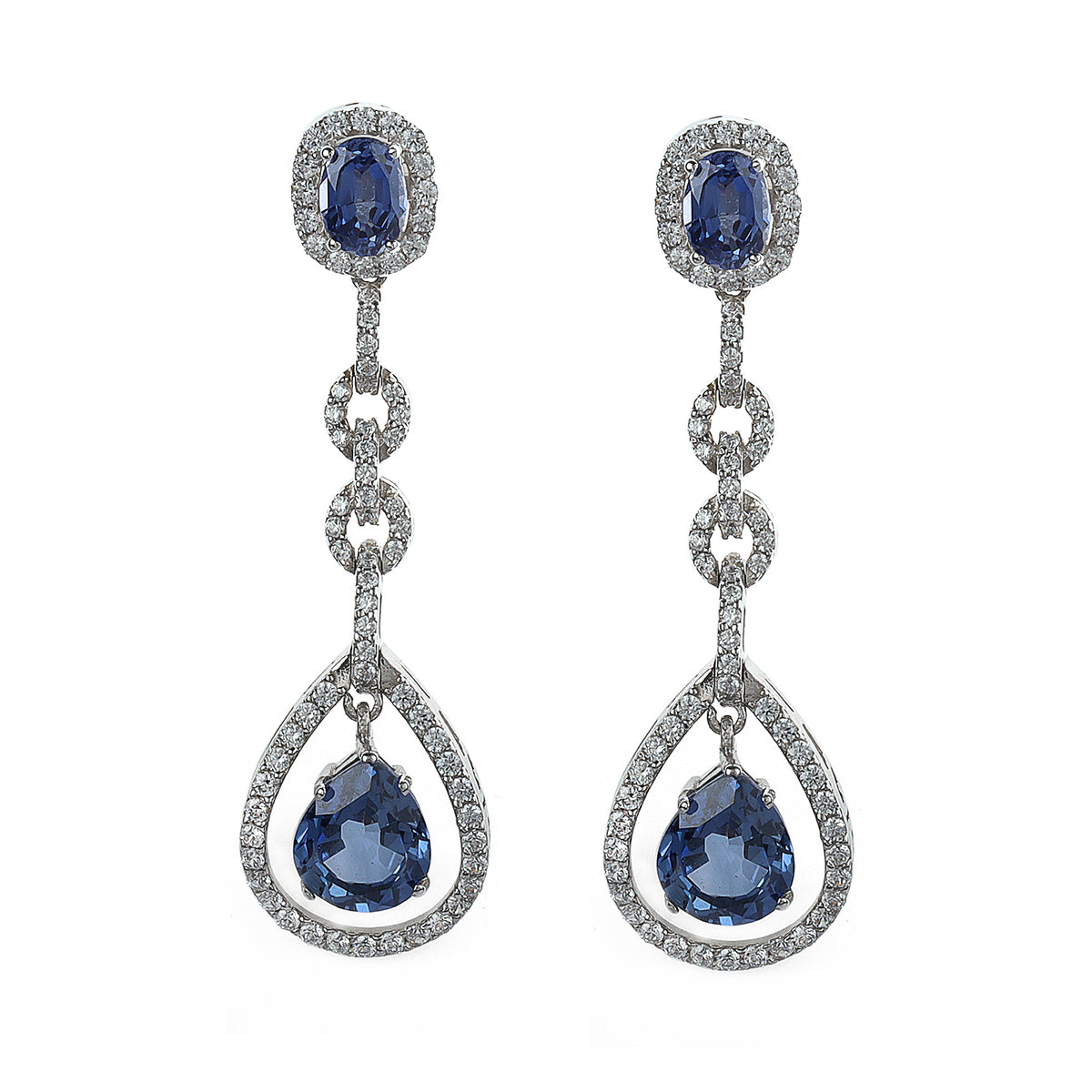 Silver Engaging Blue Pear and Oval with Zircons Dangle Earrings