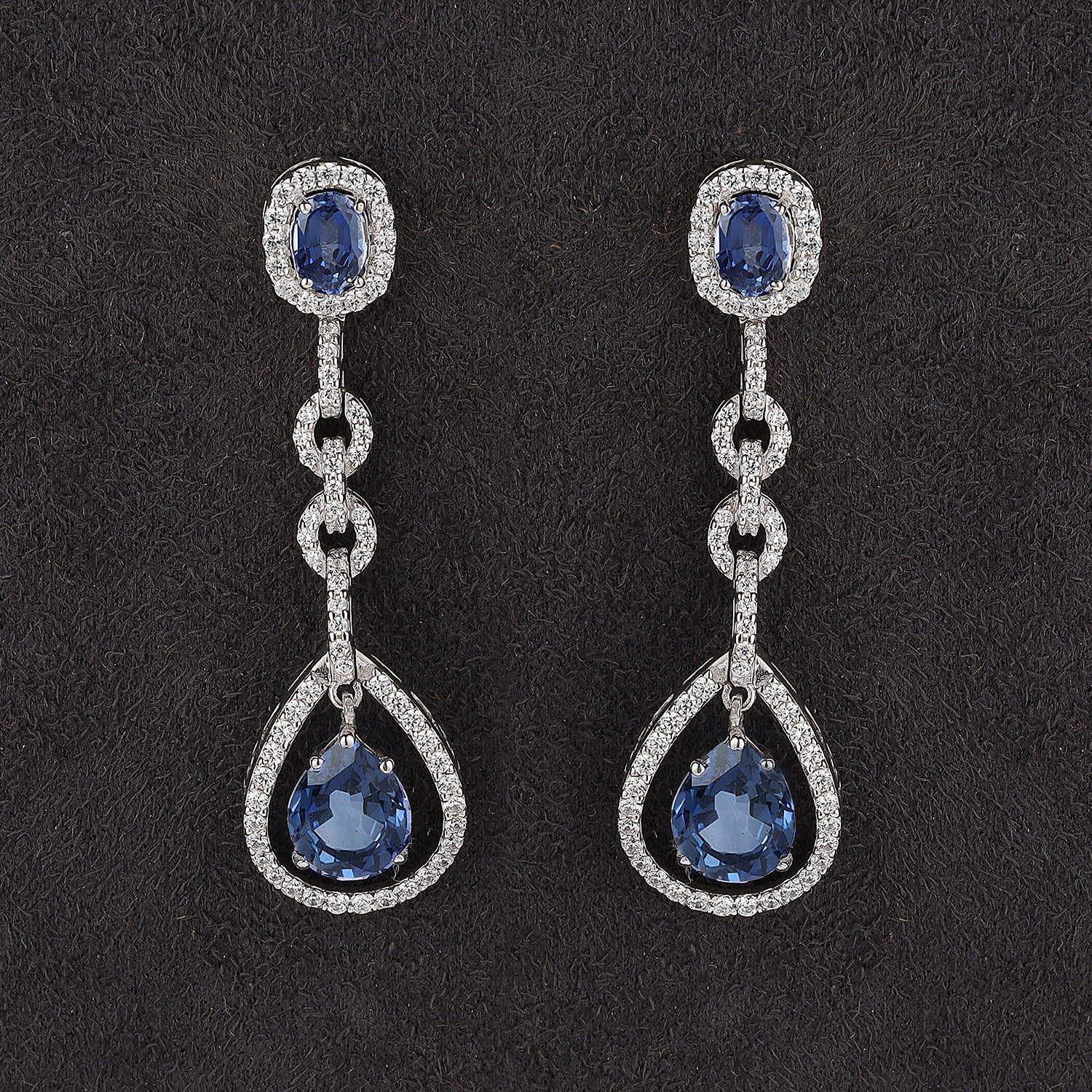 Silver Engaging Blue Pear and Oval with Zircons Dangle Earrings