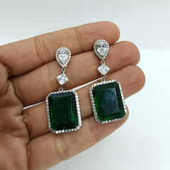 Silver Precious Emerald Gemstone with Zircons Earrings