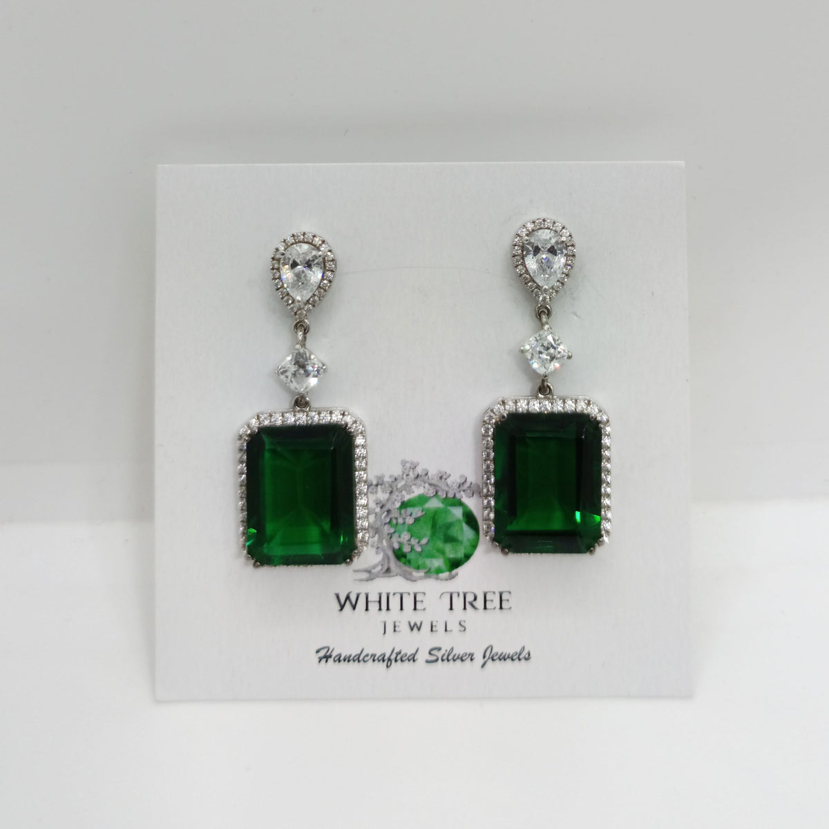 Silver Precious Emerald Gemstone with Zircons Earrings