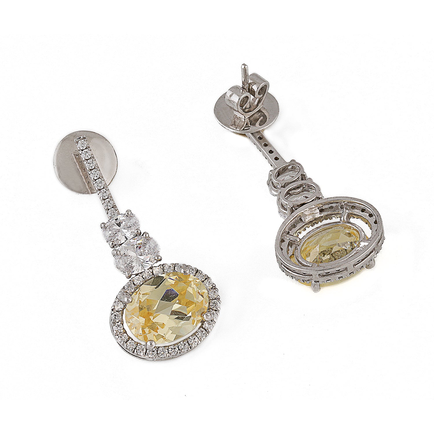 Silver Yellow Sapphire and Oval Zircons Earrings