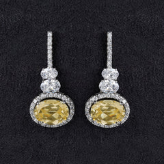 Silver Yellow Sapphire and Oval Zircons Earrings