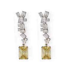 Silver Yellow Sapphire with Emerald Cut Zircons Long Earrings