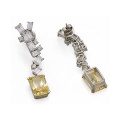 Silver Yellow Sapphire with Emerald Cut Zircons Long Earrings