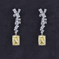 Silver Yellow Sapphire with Emerald Cut Zircons Long Earrings