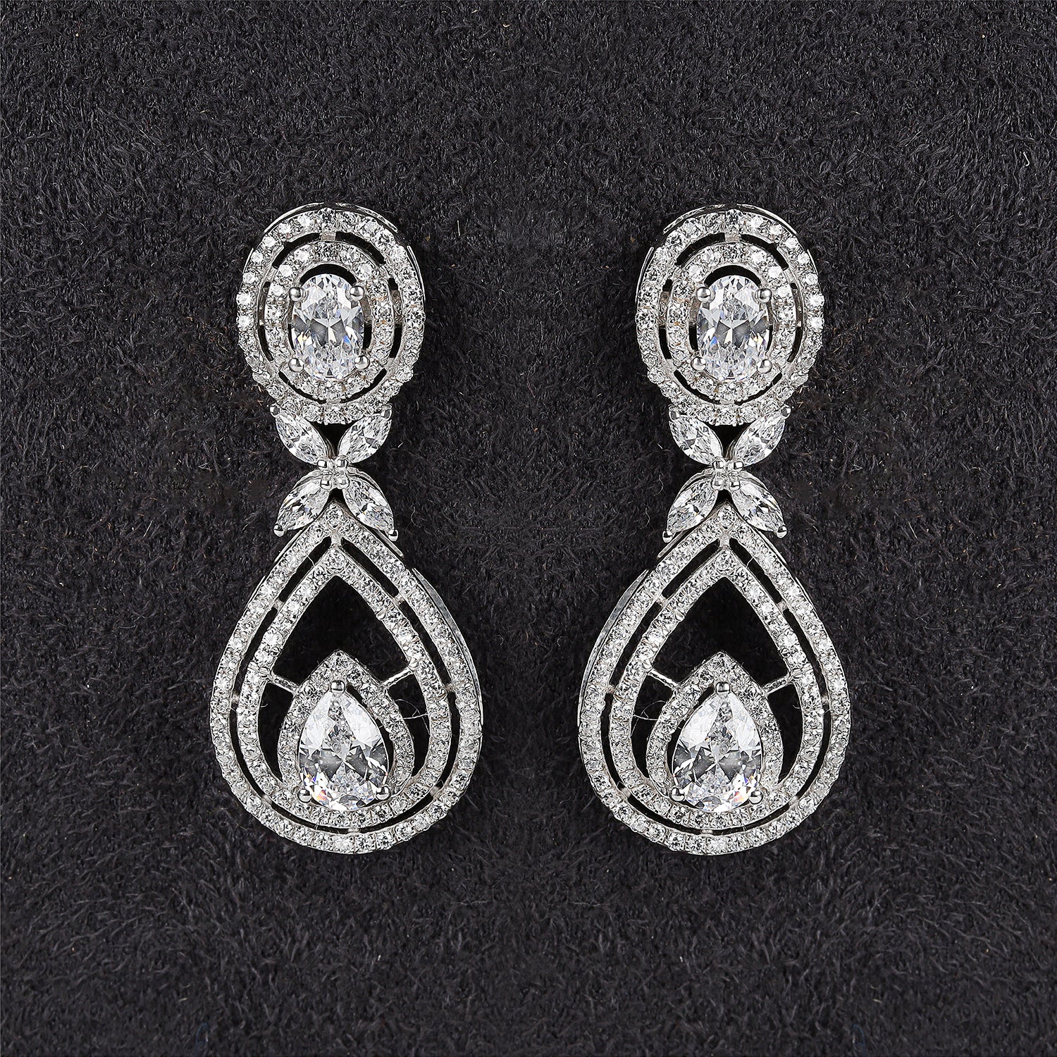 Silver Oval and Drop White Zircons Earrings