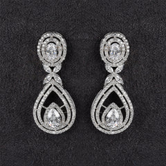 Silver Oval and Drop White Zircons Earrings