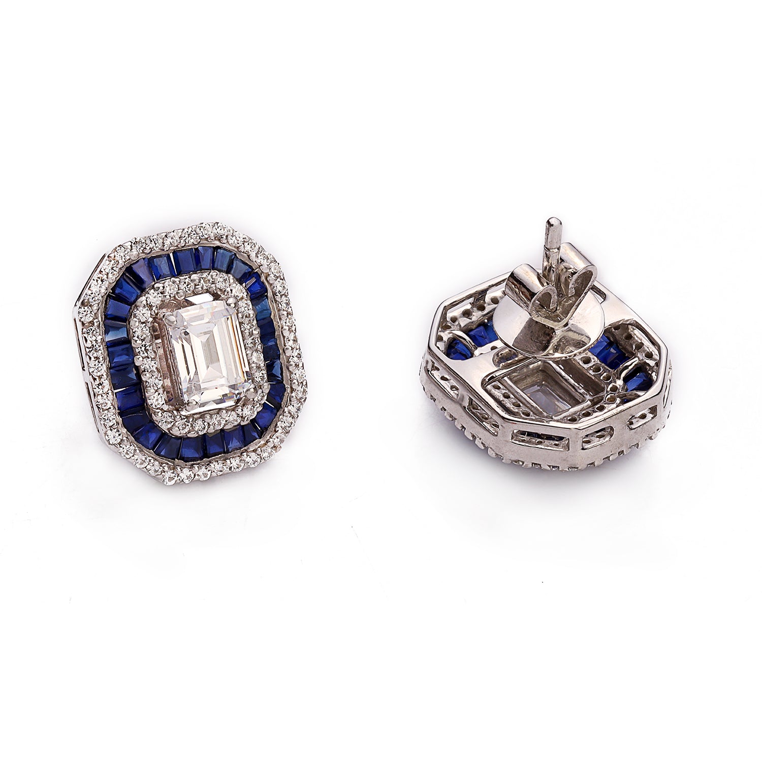 Silver Blue Sapphire Baguette with Zircons Stud Earrings