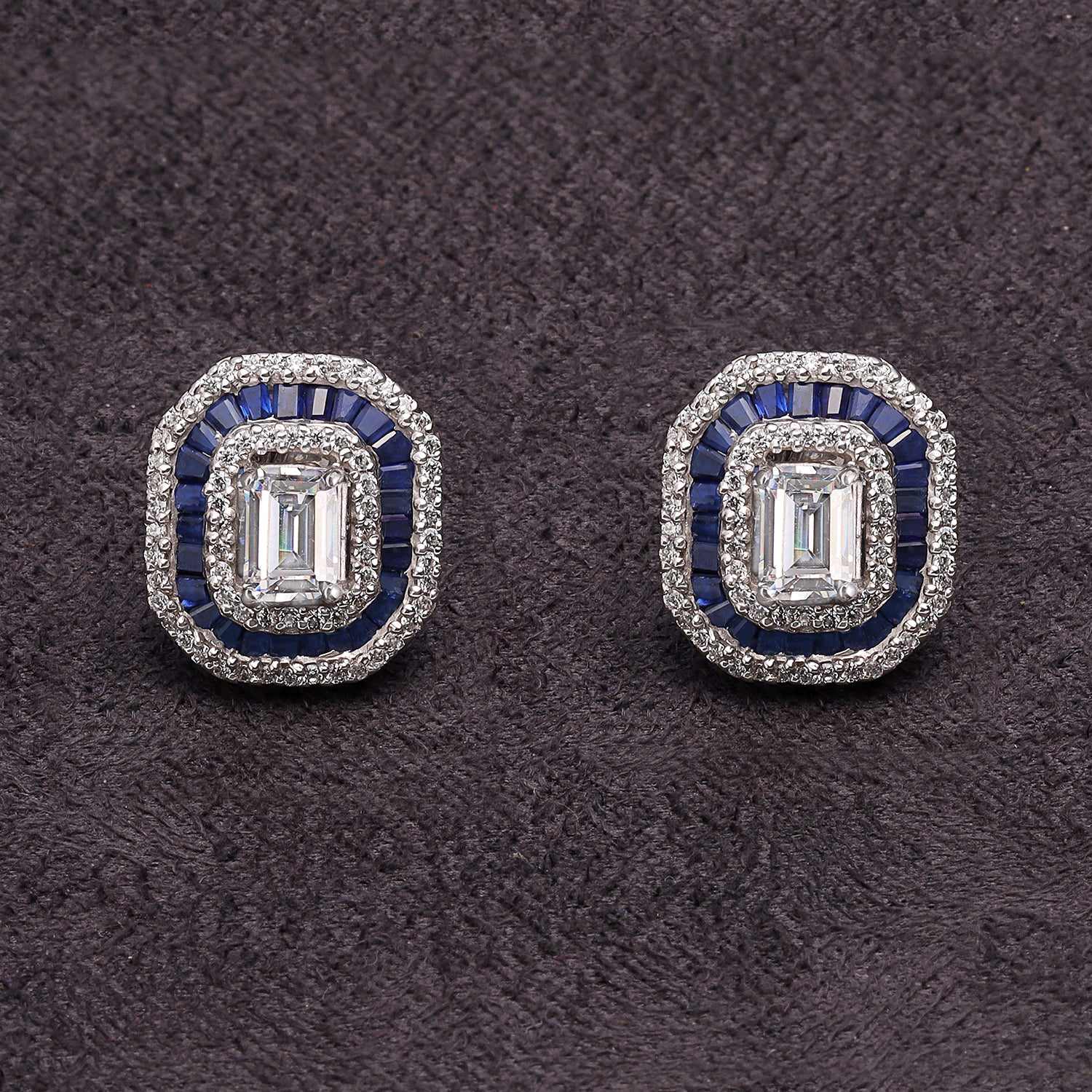 Silver Blue Sapphire Baguette with Zircons Stud Earrings