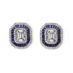 Silver Blue Sapphire Baguette with Zircons Stud Earrings