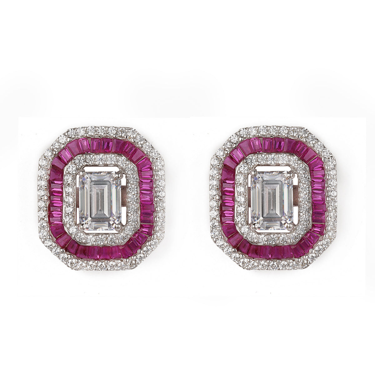 Silver Ruby Baguette with Zircons Stud Earrings