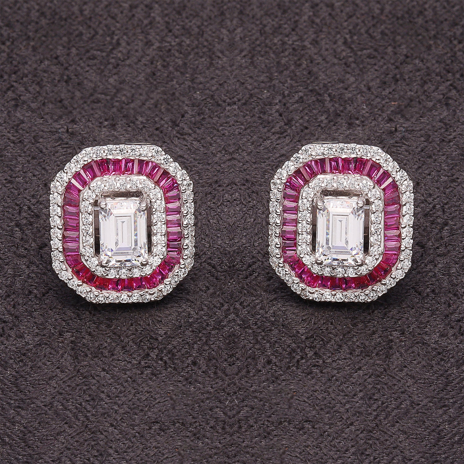 Silver Ruby Baguette with Zircons Stud Earrings