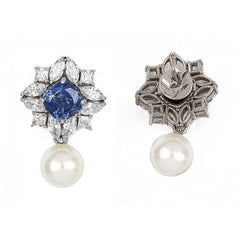 Silver Blue Cushion with Marquise and Round Zircons with Pearl Earrings