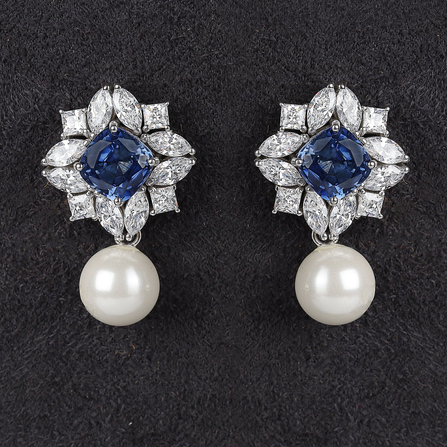 Silver Blue Cushion with Marquise and Round Zircons with Pearl Earrings