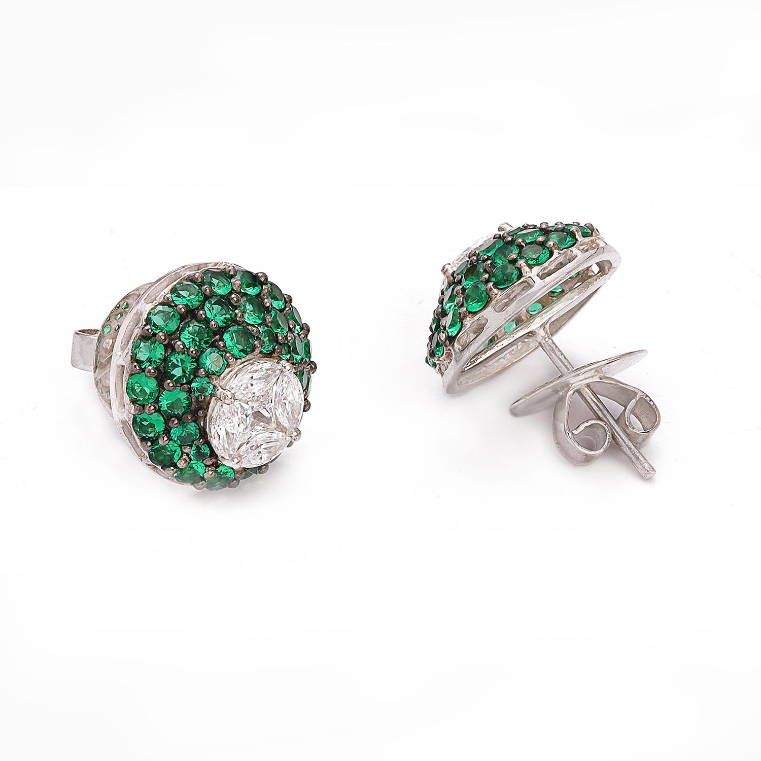 Silver Round Solitaire and Green Emerald Ceramic Quote Studs Earrings