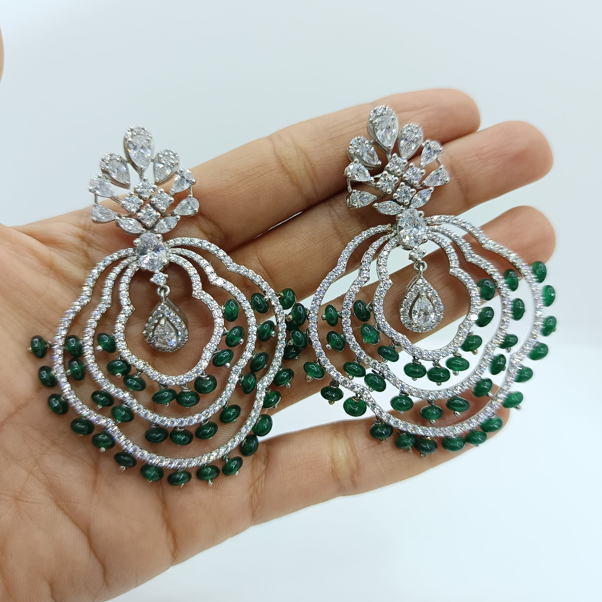 Silver Royal Chandbali with Zircons and Green Small Pearls Earrings