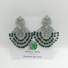 Silver Royal Chandbali with Zircons and Green Small Pearls Earrings