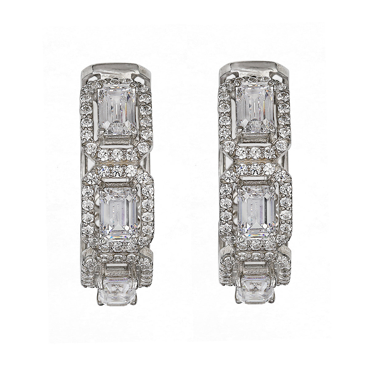 Silver Emerald Cut Zircon Hoop Earrings