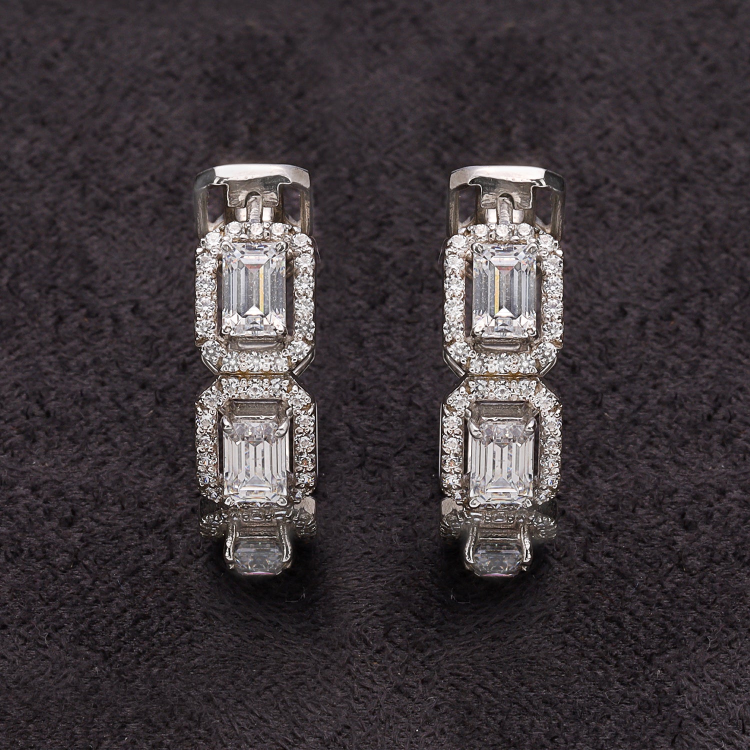 Silver Emerald Cut Zircon Hoop Earrings