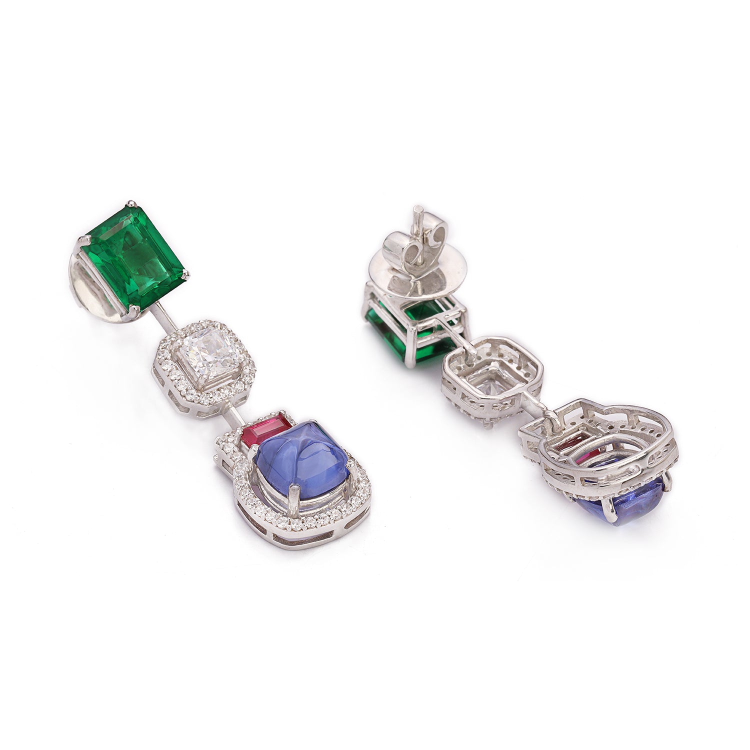 Silver Emerald, Blue Sapphire and Ruby with Zircons Earrings