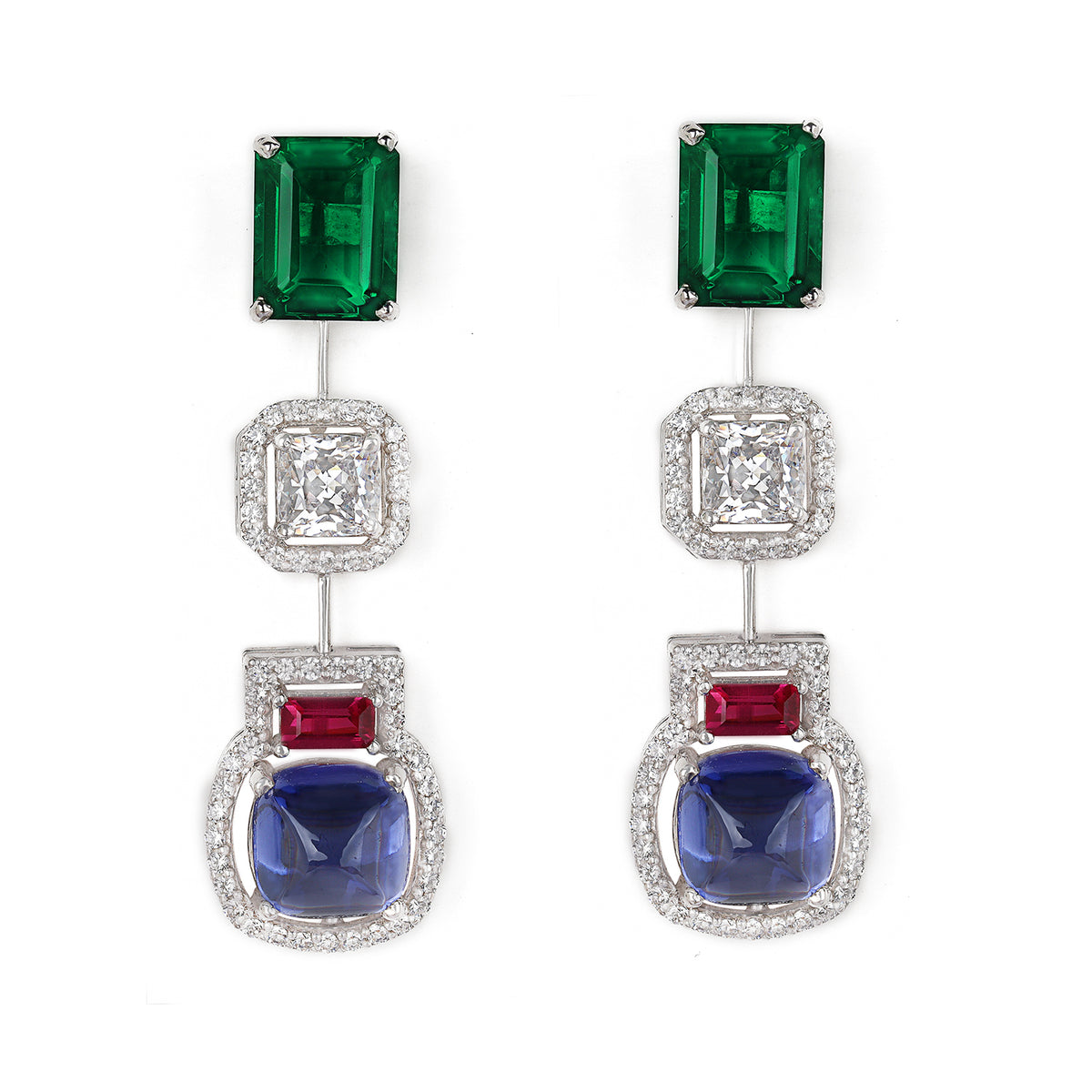 Silver Emerald, Blue Sapphire and Ruby with Zircons Earrings