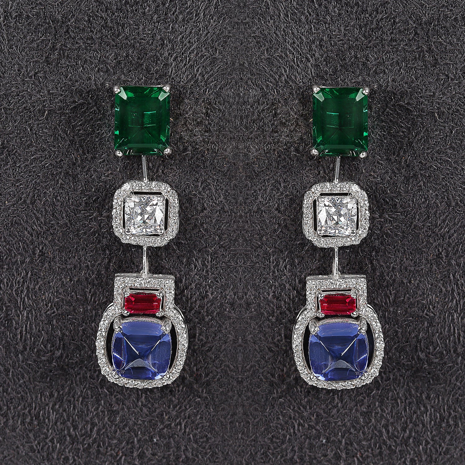 Silver Emerald, Blue Sapphire and Ruby with Zircons Earrings