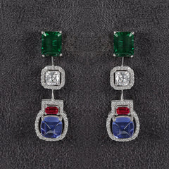 Silver Emerald, Blue Sapphire and Ruby with Zircons Earrings