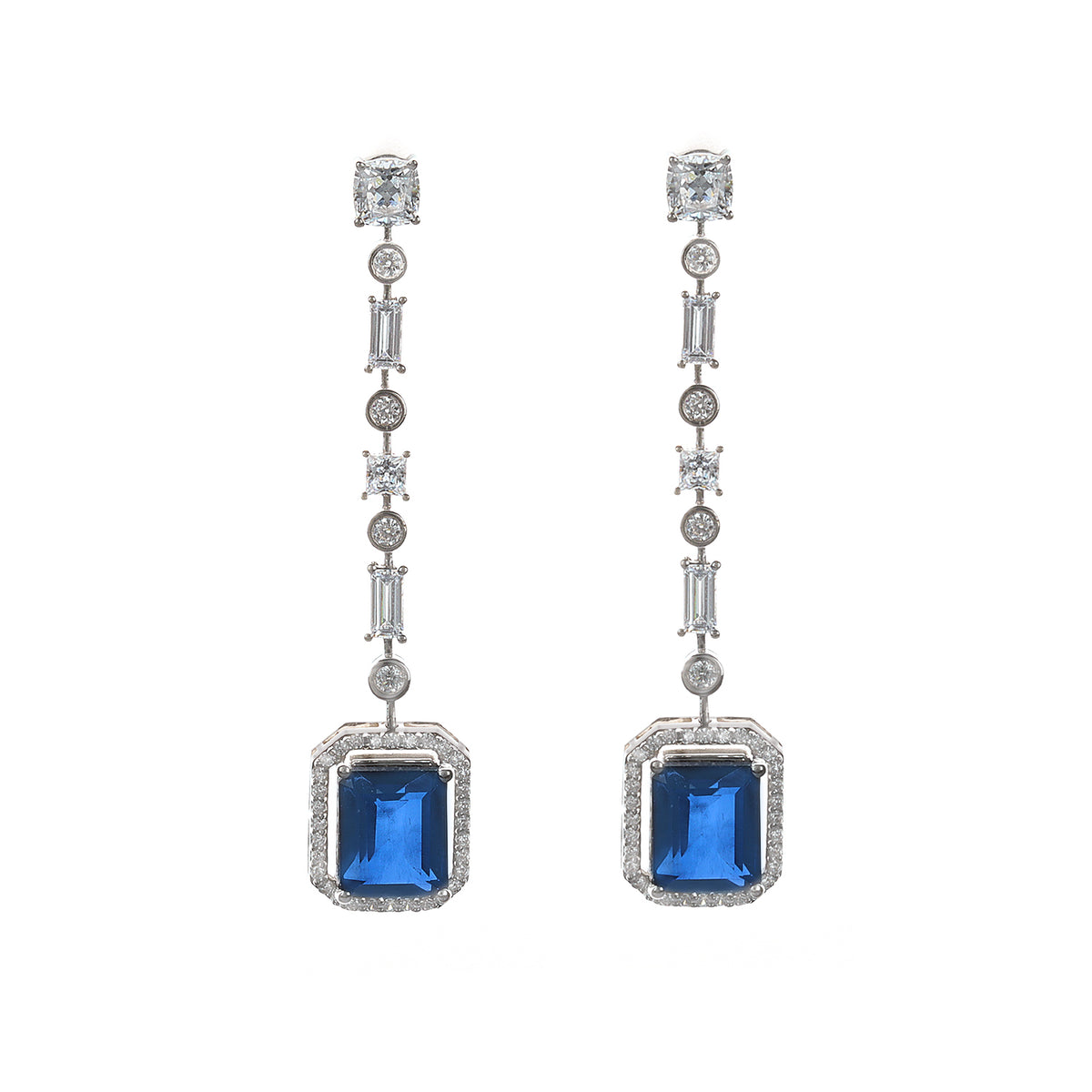 Silver Baguette and Round with Blue Sapphire Long Earrings