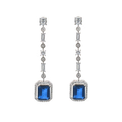 Silver Baguette and Round with Blue Sapphire Long Earrings