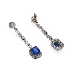 Silver Baguette and Round with Blue Sapphire Long Earrings